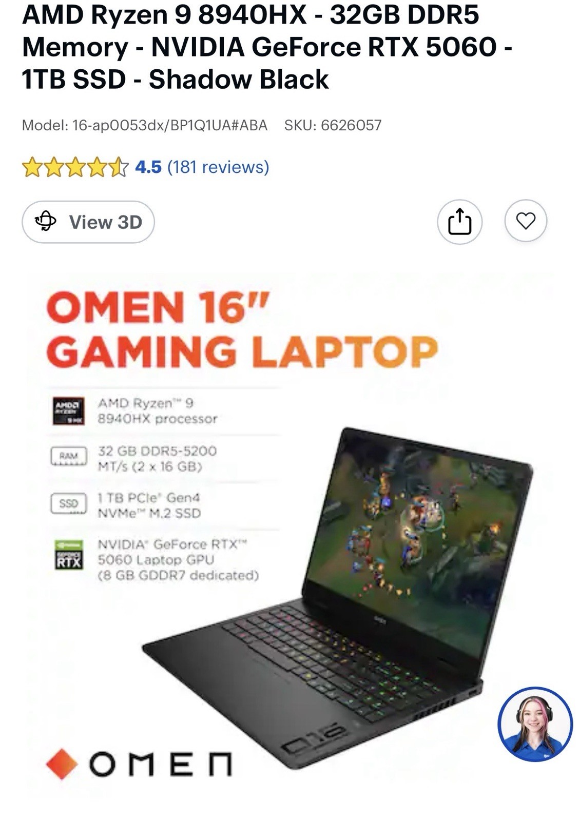HP OMEN – 16″ 2K 144Hz Gaming Laptop – AMD Ryzen 9 8940HX – 32GB DDR5 Memory …