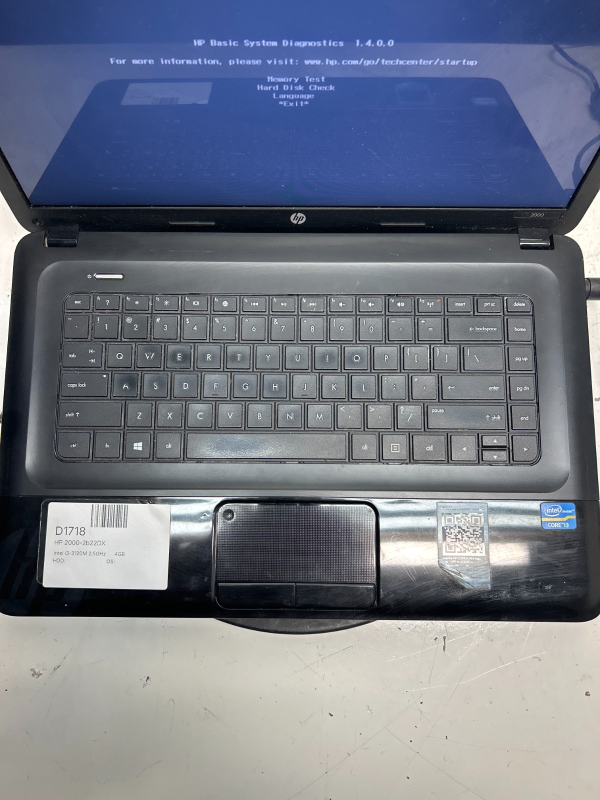 HP 2000-2b22DX Intel i3-3120M 2.5GHz 4GB NO HDD
