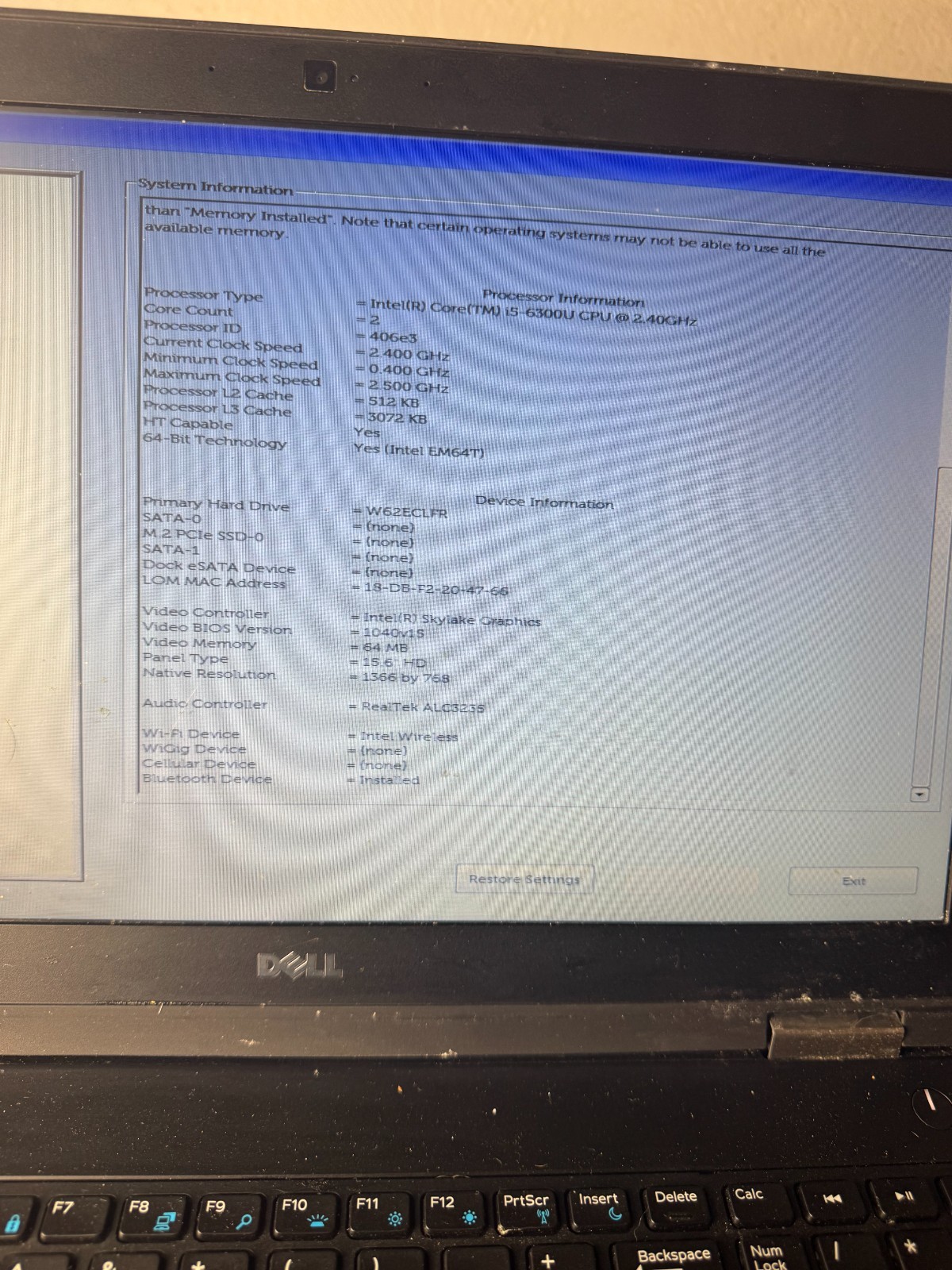 DELL LATITUDE E5570 INTEL CORE I5-6300U 8GB RAM Laptop for Parts/Repair #5036