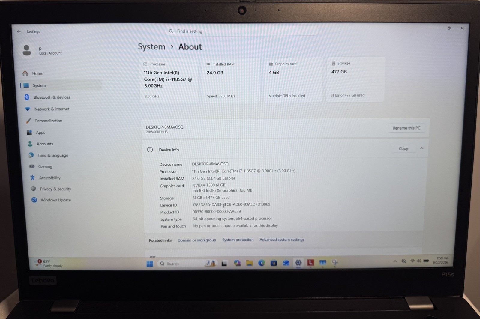 LENOVO ThinkPad P15s Gen2i i7 15.6″ 24GB RAM 512GB SSD WIN11P NVIDIA T500