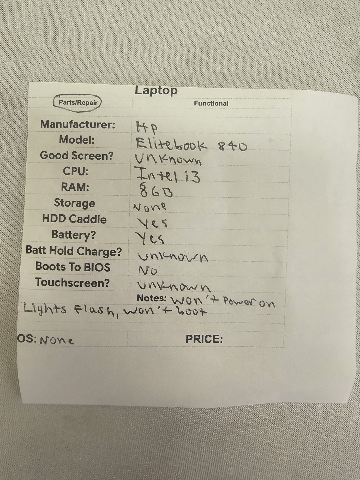 HP EliteBook 840 Laptop – Intel i3 – 8GB RAM – WON’T POWER ON – READ DESCRIPTION
