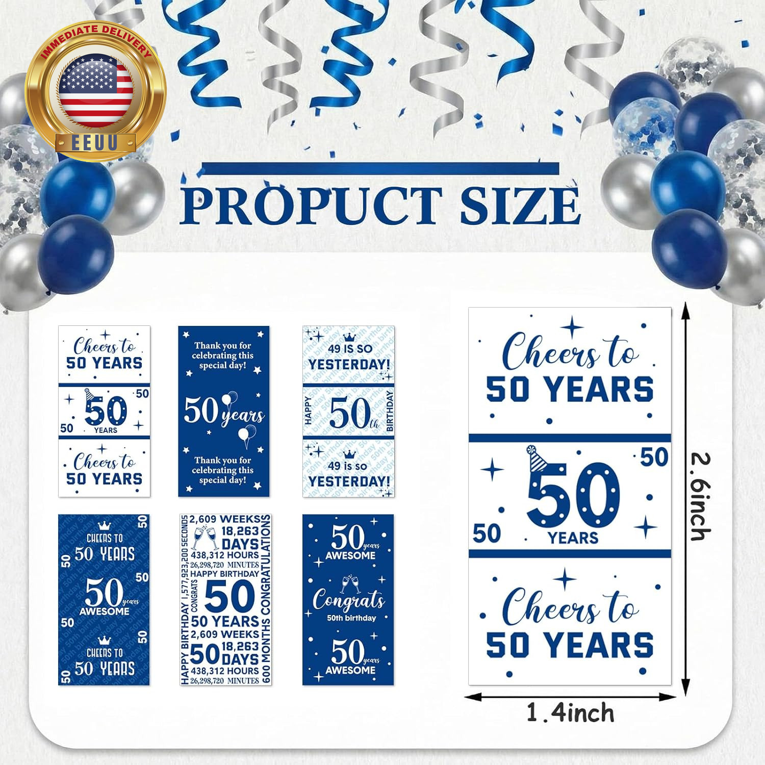 90 Pcs 50Th Birthday Party Candy Wrappers Blue and Silver Stickers, Mini Chocola