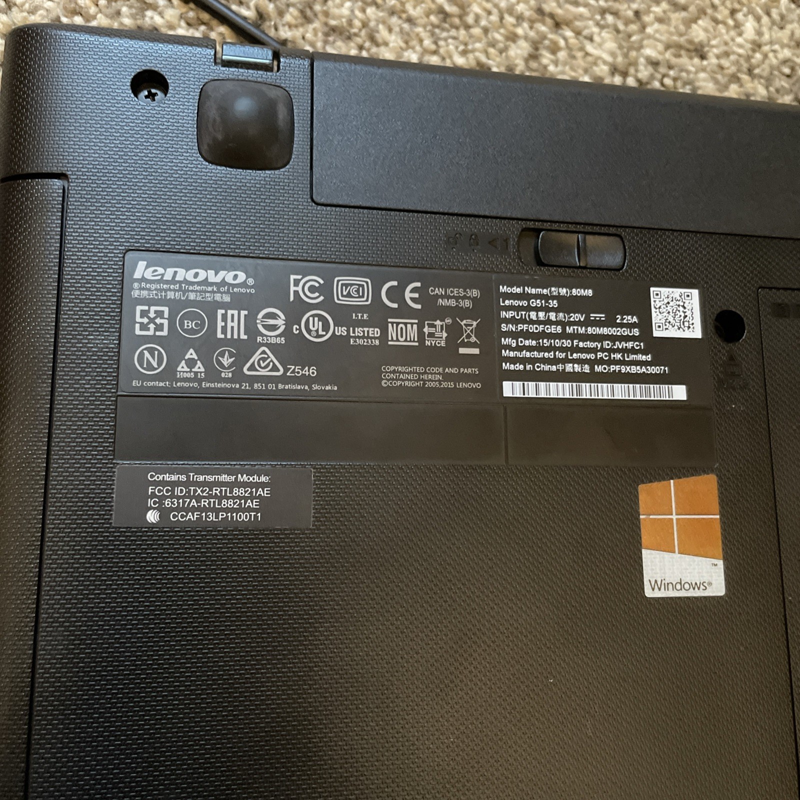 Lenovo G51-35 80M8 Laptop Computer Power Cord Works Factory Reset Screen Spot