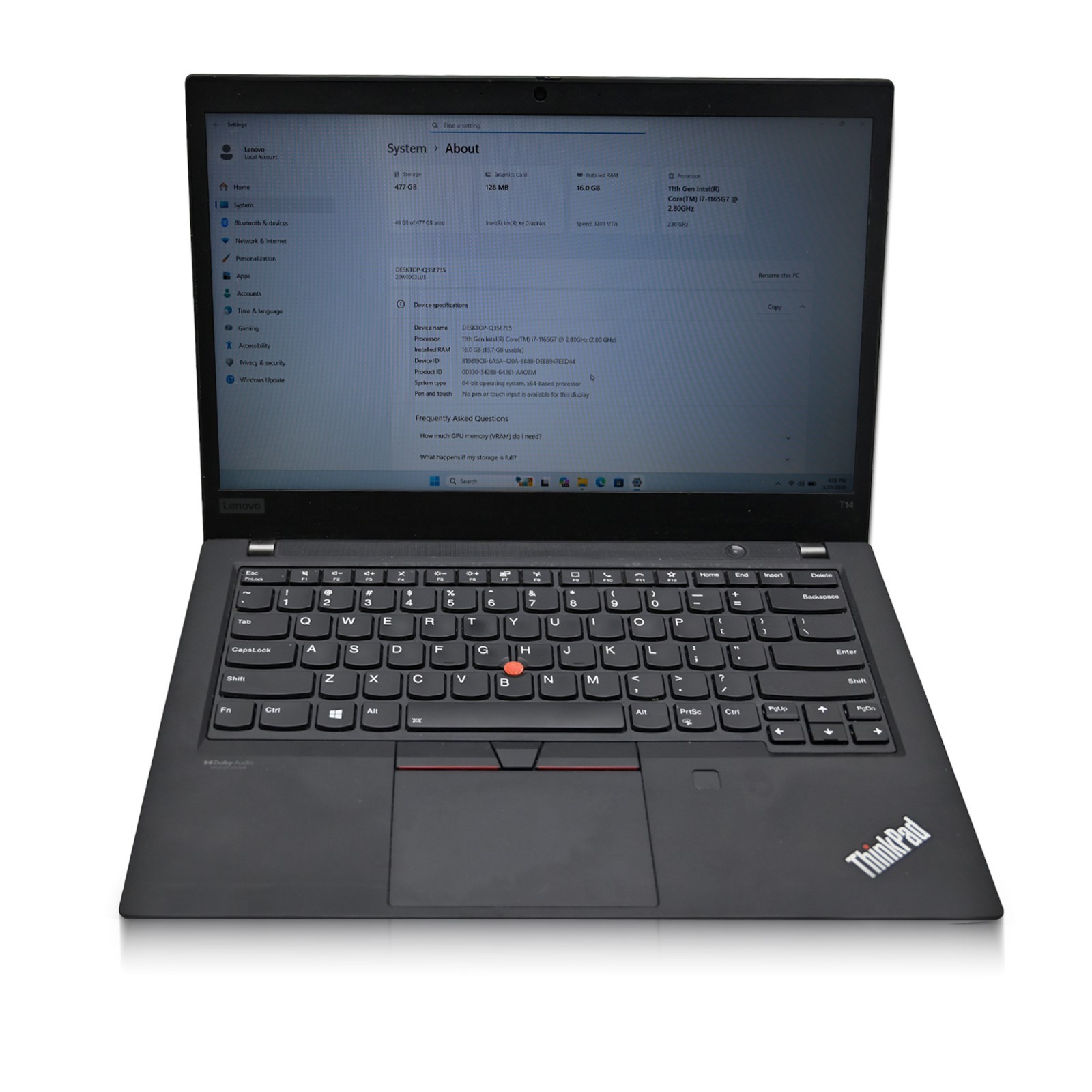 Lenovo ThinkPad T14s Gen 2 Laptop PC Intel i7-1165G7 11th 16GB 512GB NVMe Win 11