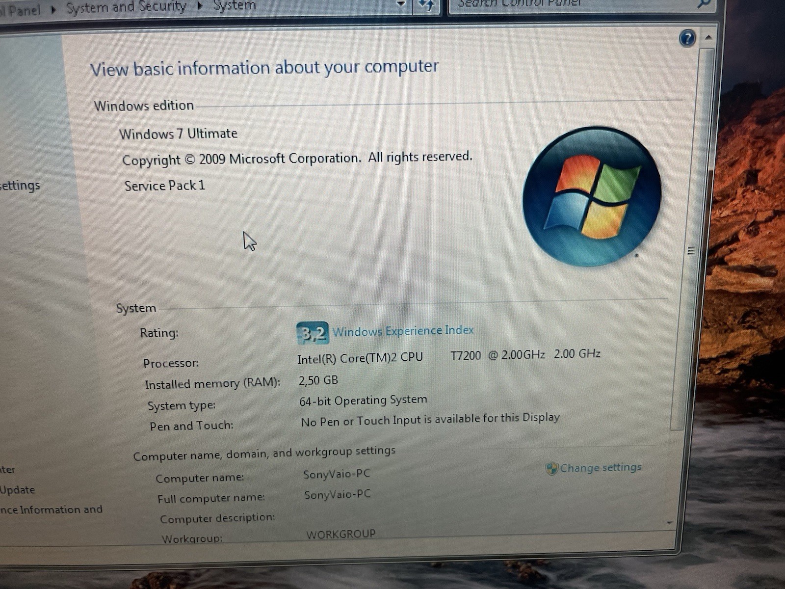 SONY VAIO VGN-SZ340P Laptop Intel CORE2 T7200 2.5GB RAM 120GB HDD Win 7 Ultimate