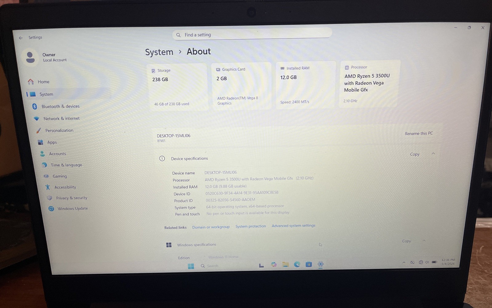 Lenovo IdeaPad 3 15ADA05 AMD Ryzen 5 3500U@2.10GHz, 12GB RAM, 256GB M2 *READ*