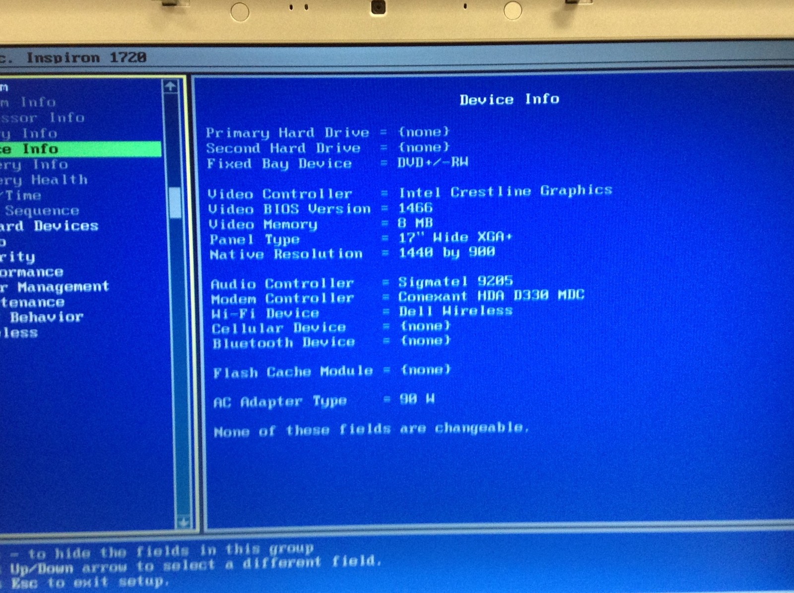 Dell Inspiron 1720 17″ Intel Core 2 Duo 2.0GHz Laptop w/2GB,DVD-RW, No HD, WORKS