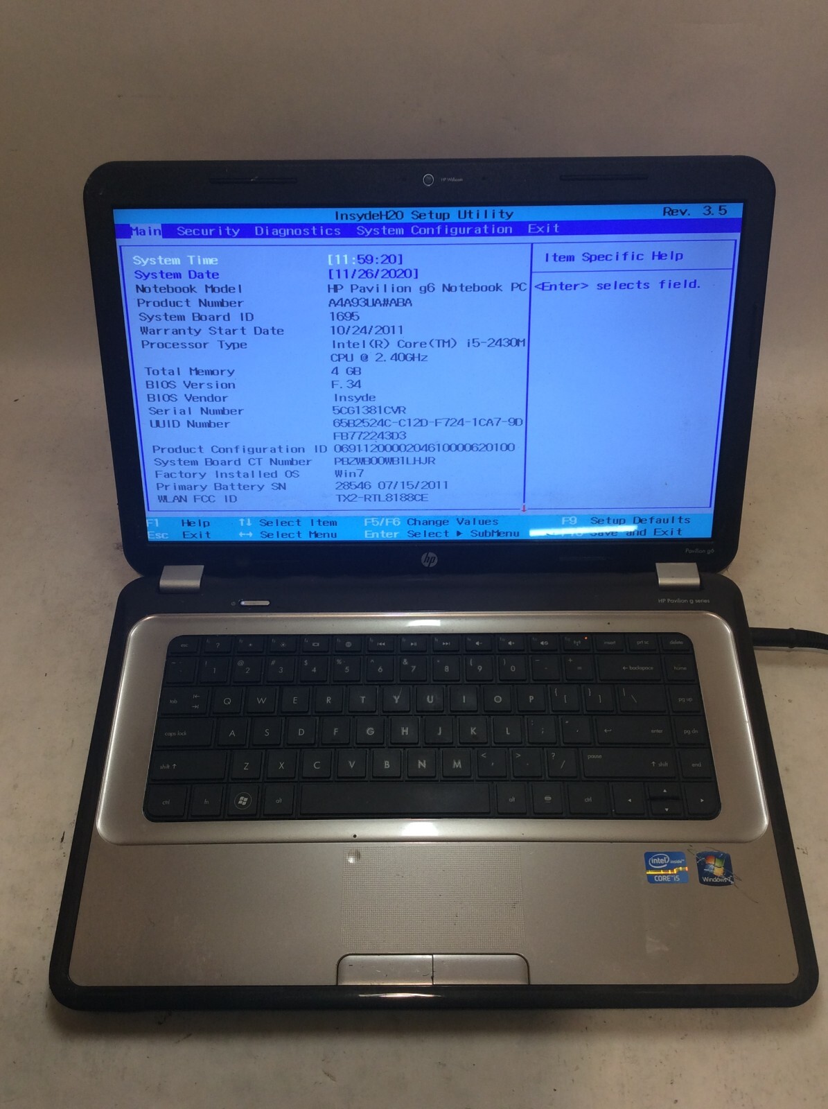 HP Pavilion g6-1c57dx Laptop 15″ Intel Core i5 2nd Gen READ DESCRIPTION -PP