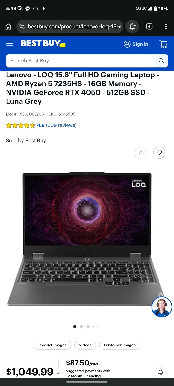 Lenovo LOQ 15.6″ FHD Ryzen 5 7235HS 16GB 512GB RTX 4050 Win11 Luna Gray