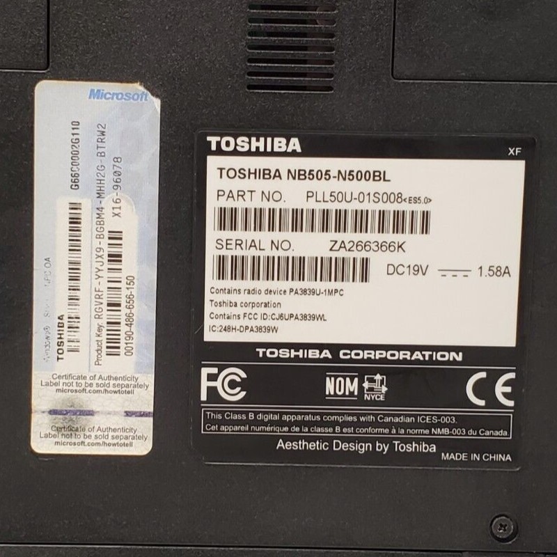 TOSHIBA NB505-N500BL Mini Laptop Intel Atom N455 1.66GHz 1GB Ram Parts or Repair
