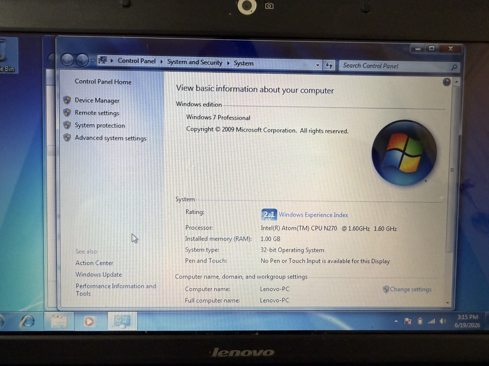 Lenovo IdeaPad S10 10″ Atom 1.6GHz/1GB/750GB HDD Windows 7