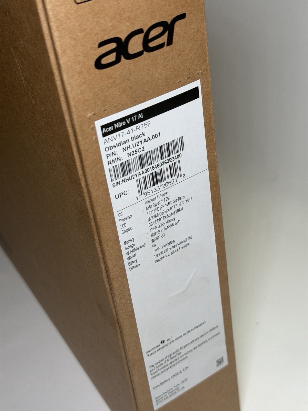 New Acer Nitro V 17 AI 17.3″ FHD Ryzen 7 260 32GB RAM 1TB SSD RTX 5070