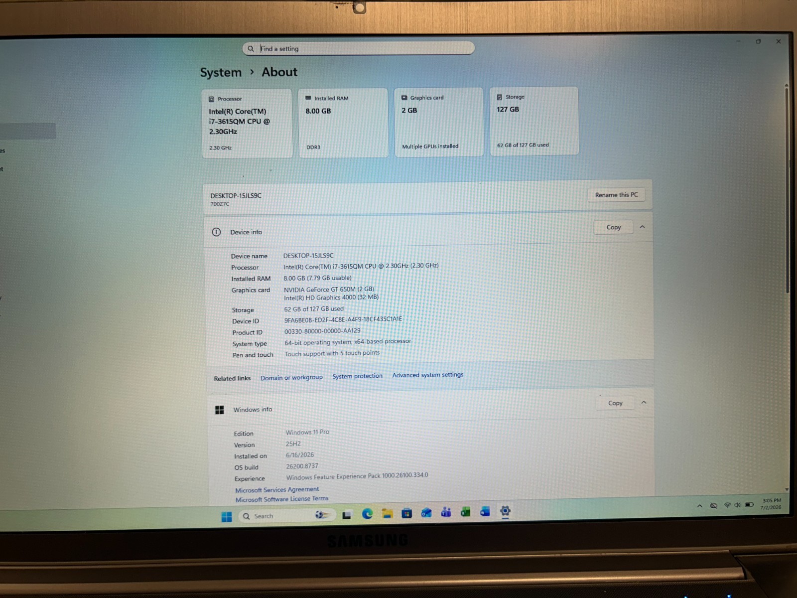 Samsung 700Z 17.3″ i7 Laptop 8GB 128GB SSD Win 11 Pro Office 2021 2GB GRAPHICS
