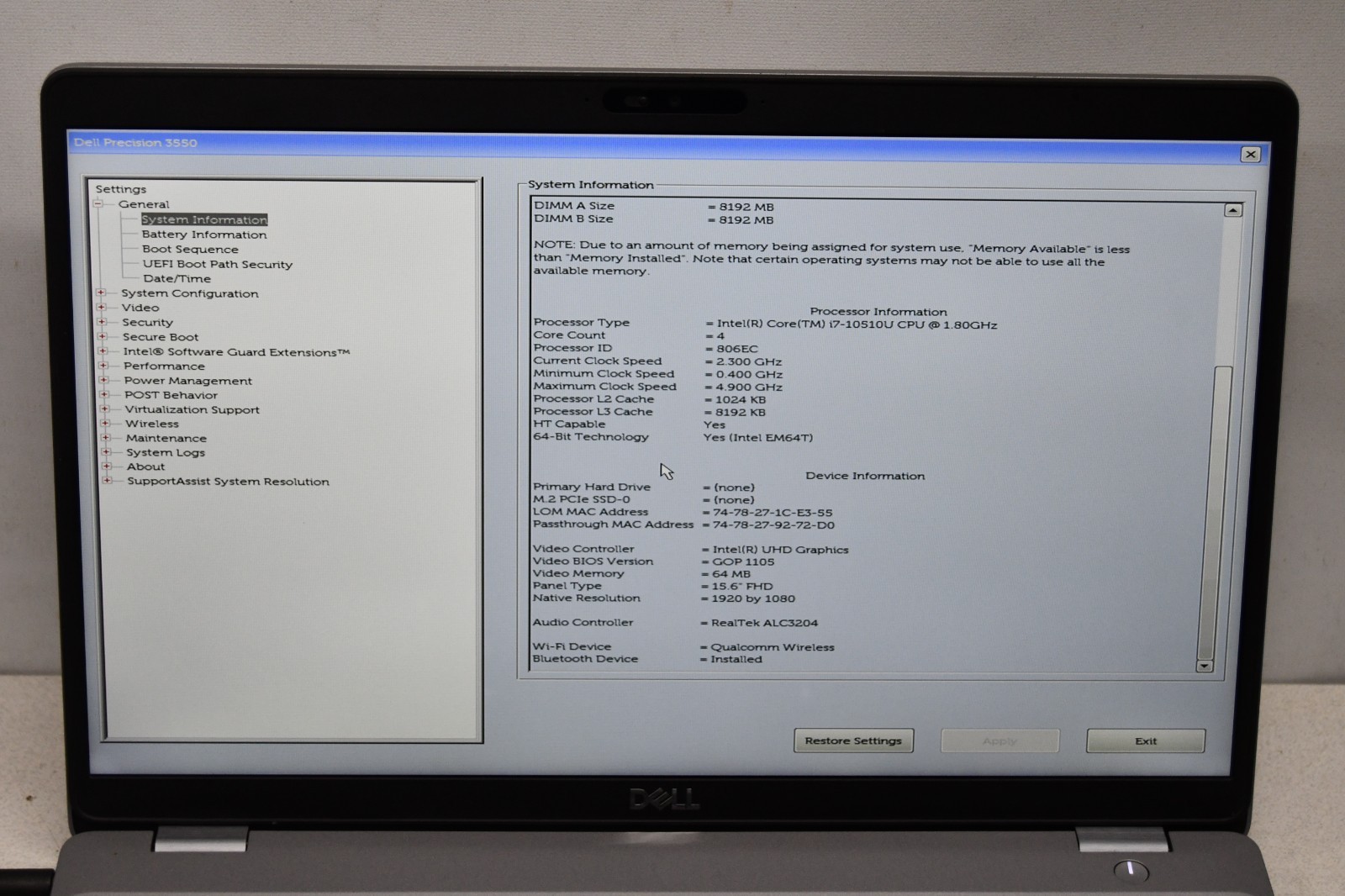 ^ Dell Precision 3550 15.6″ Intel i7-10510U @ 1.80GHz 16GB Ram No HD #X6991