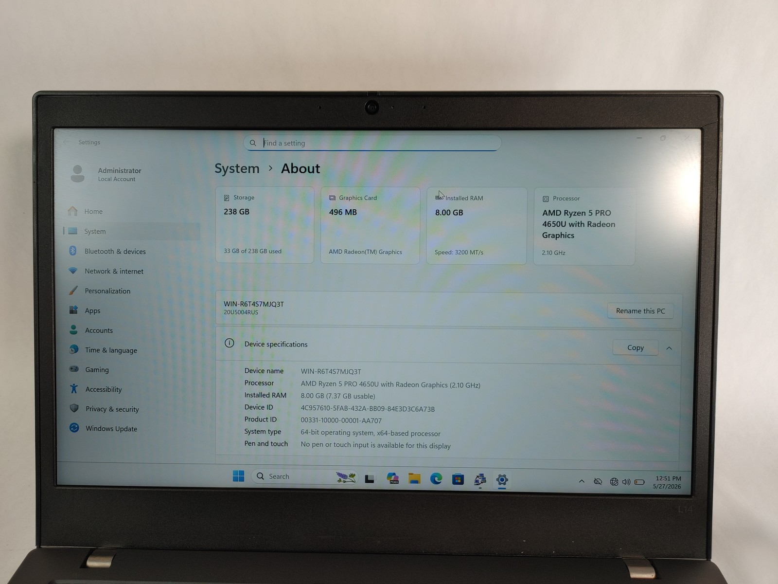 Lenovo ThinkPad L14 Gen 1 Ryzen 5 Pro 4650U 2.10 GHz 8 GB DDR4 256 GB NVMe
