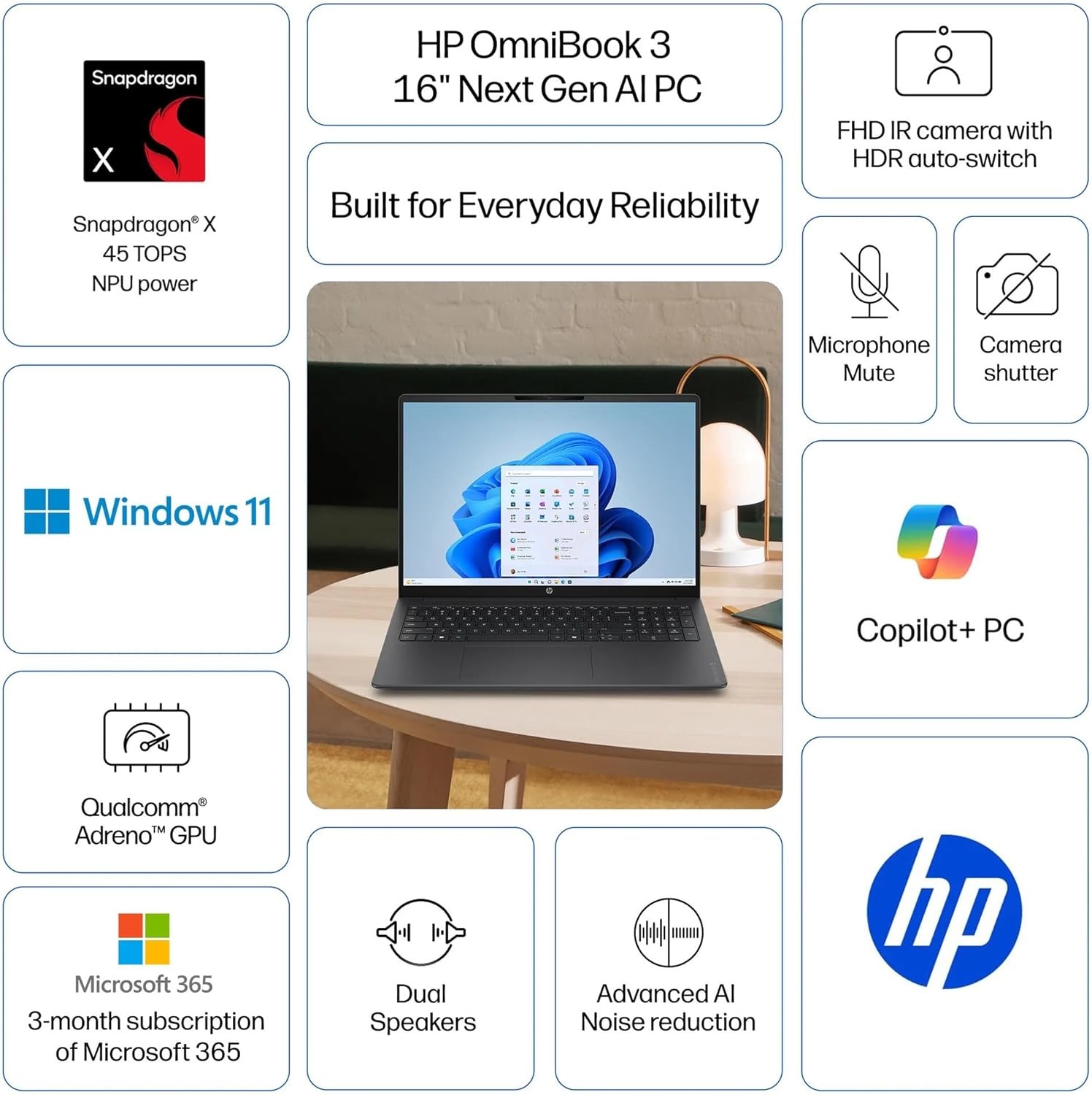 HP OmniBook 3 16″ Next Gen AI PC Laptop 8-Core Snapdragon X X1-26-100 16GB 512GB