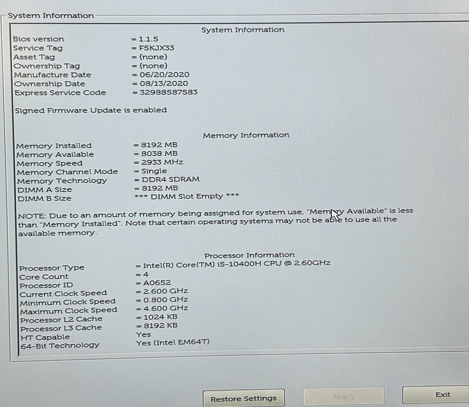 Dell Precision 3551 15.6″ i5-10400H 2.6GHz 8GB RAM No SSD No OS Laptop