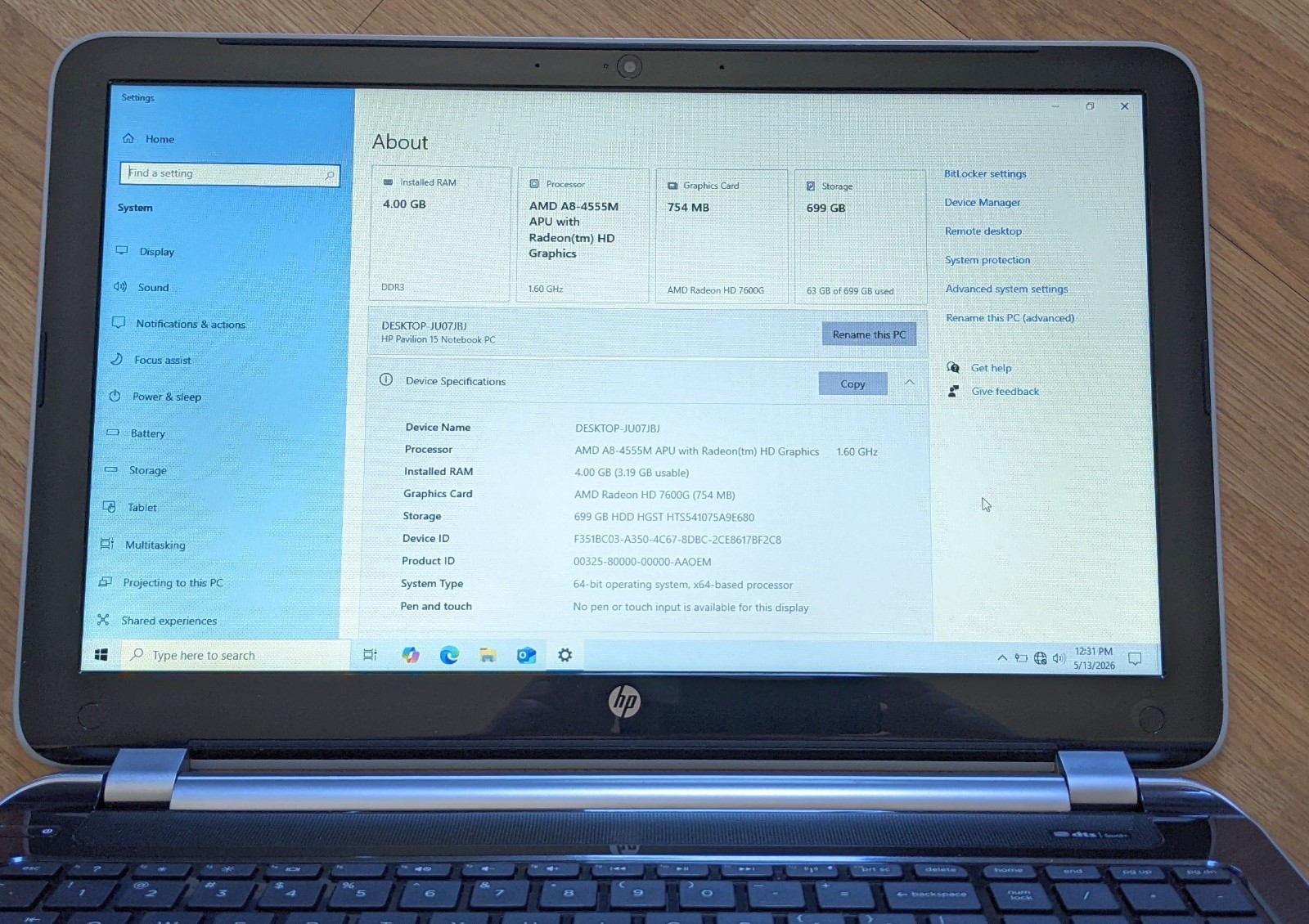 HP Pavilion 15-n237nr Laptop AMD A8-4555M 4GB Ram 700GB HDD Windows 10 DEAD BATT