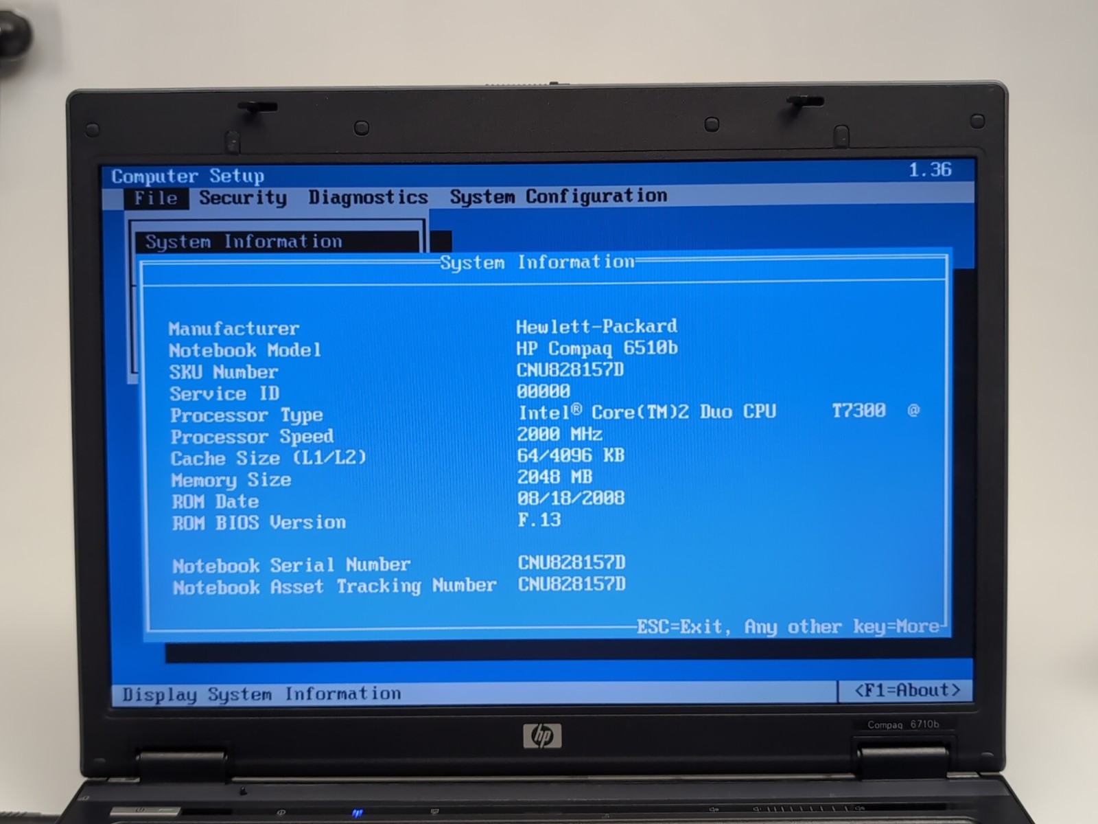 HP Compaq 6510b Intel Core 2 Duo 1.80 GHz 2GB RAM No HDD Boot to BIOS
