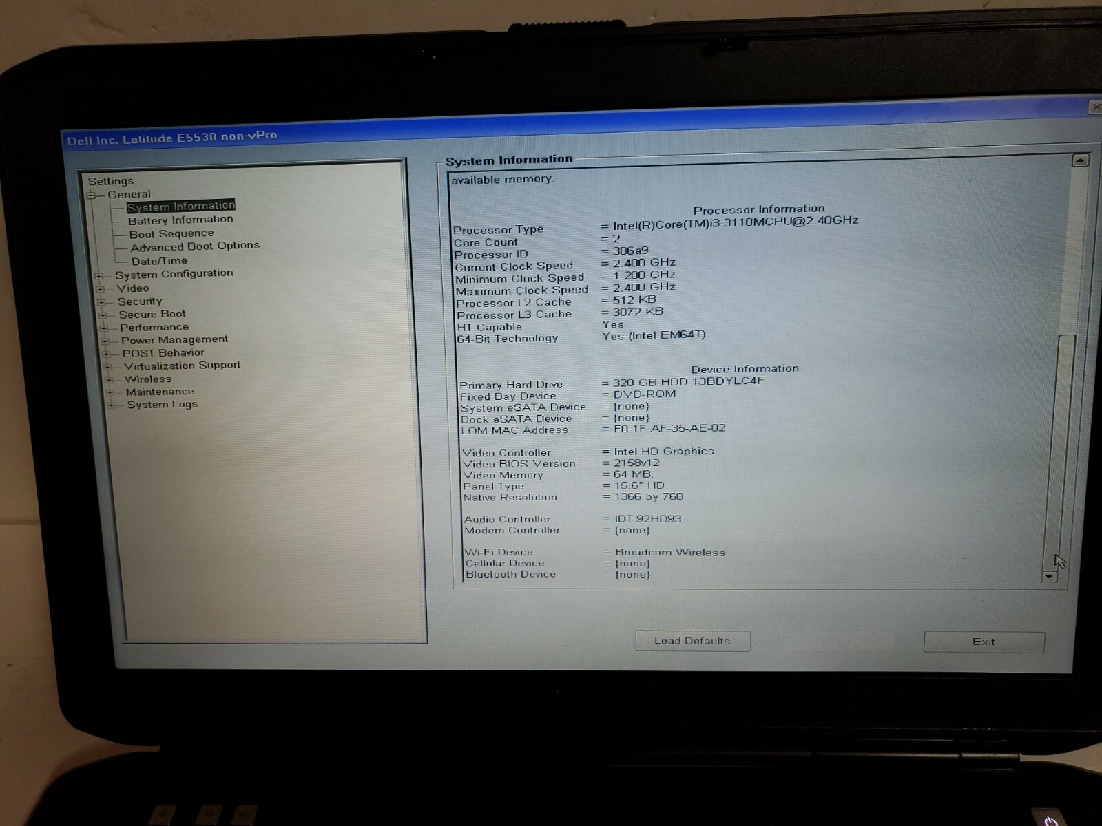 Dell Latitude E5530 15.6″ Intel Core i3-3110 @2.40GHz 4GB 320GB HDD