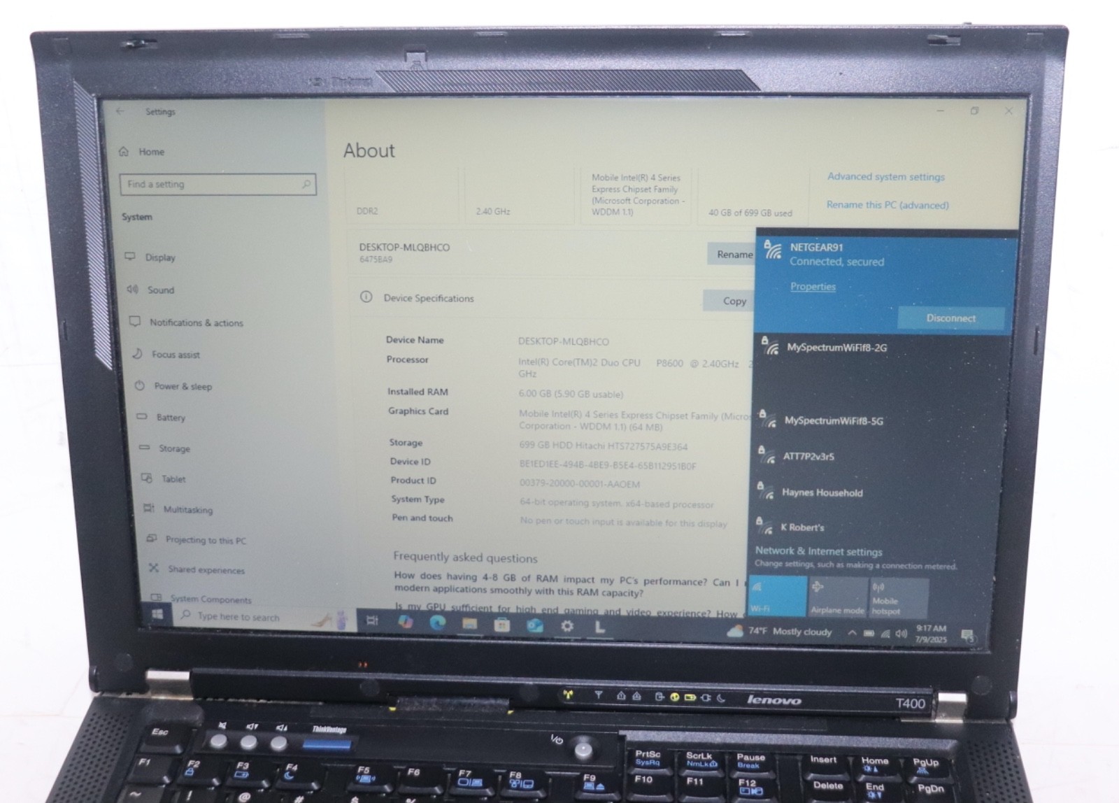 Lenovo ThinkPad T400|IntelCore Duo@2.40GHz|6GB RAM|500GB HDD|WIN 10 Prof|WiFi