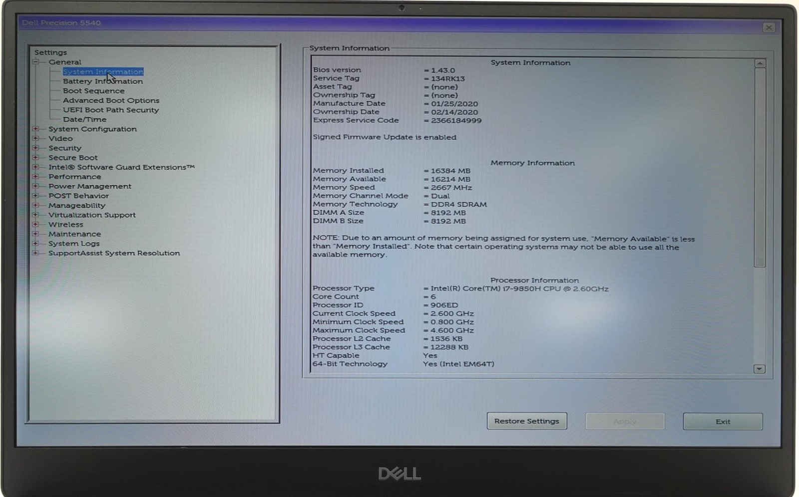 Dell Precision 5540 15.6″ Core i7-9850H 2.60GHz 16GB 512GB SSD Laptop
