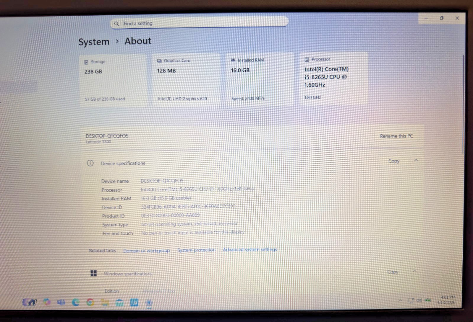 Dell Latitude 3500 15.6″ Laptop Intel i5-8265U 16GB RAM 256GB SSD Windows 11 Pro