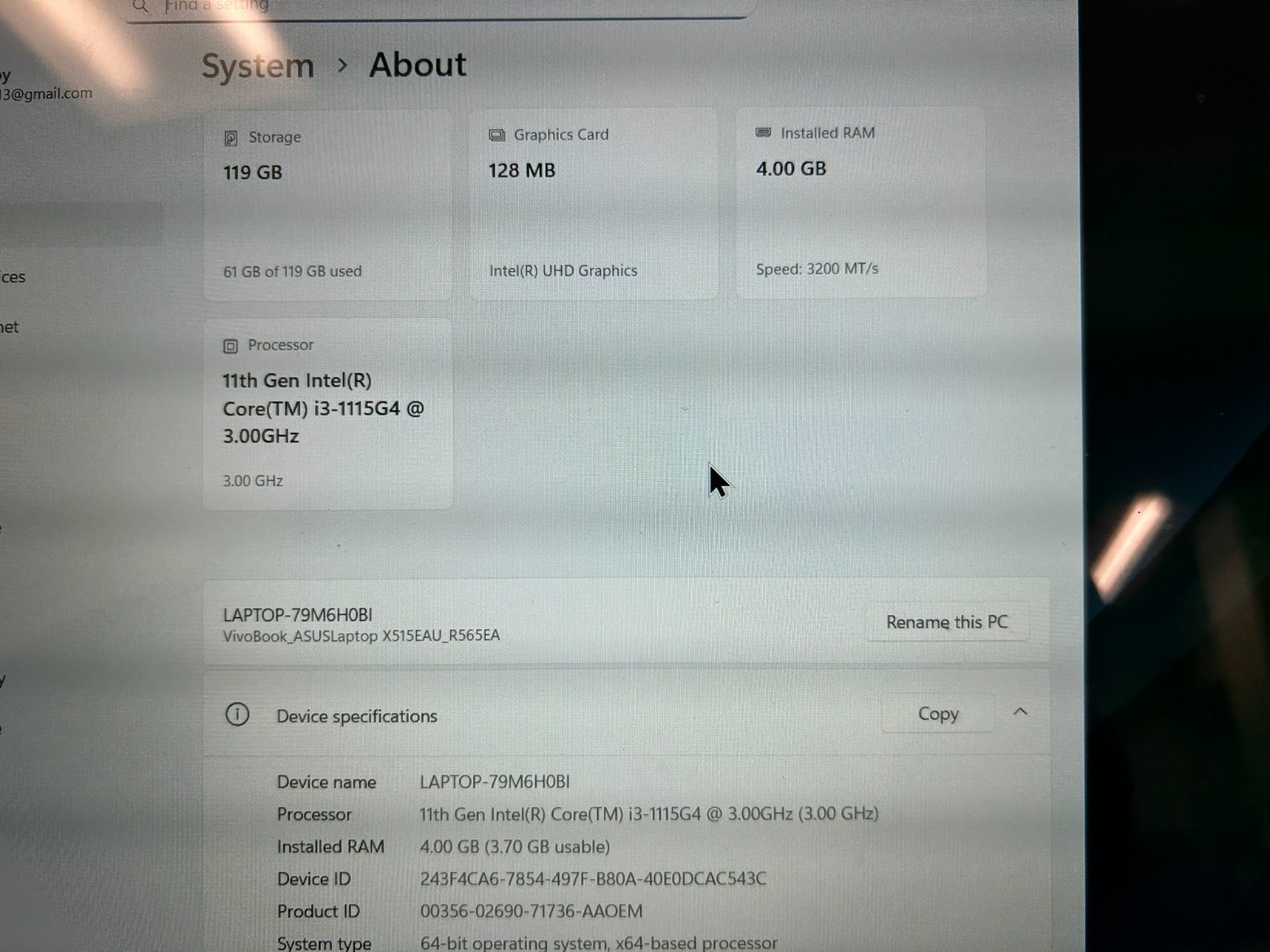 Asus Notebook PC R565E 128GB 4GB RAM Windows 11 Home Intel Core i3-1115G4