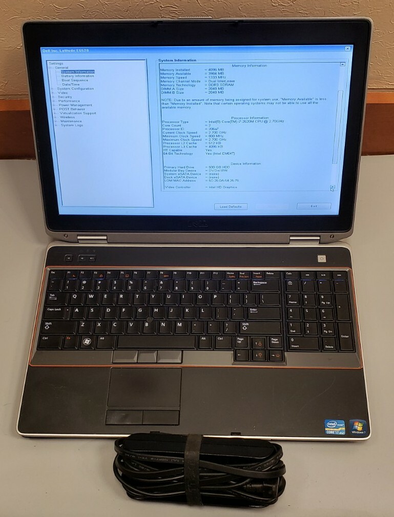 Dell Latitude E6520 Core i7-2620M @ 2.70GHz 4GB RAM 500GB SSD BLUETOOTH BACKLIT