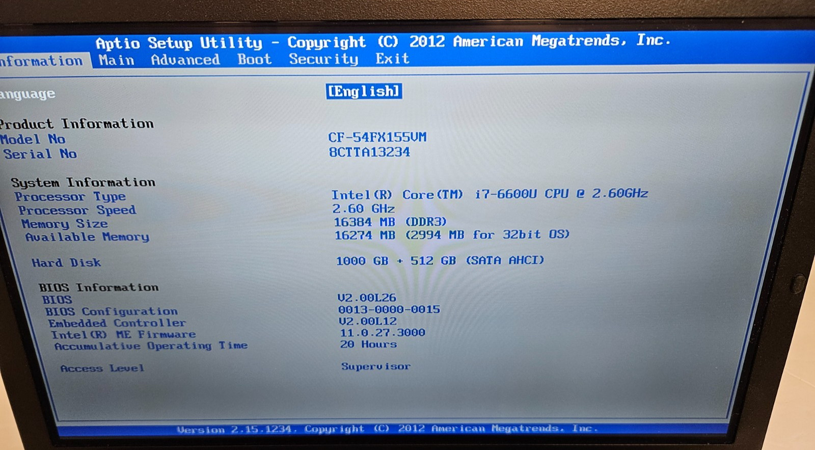 Panasonic Toughbook CF-54 Mk2 i7-6600U 2.60GHz 16 GB Mem 1.5 GB HD Win 11 Pro