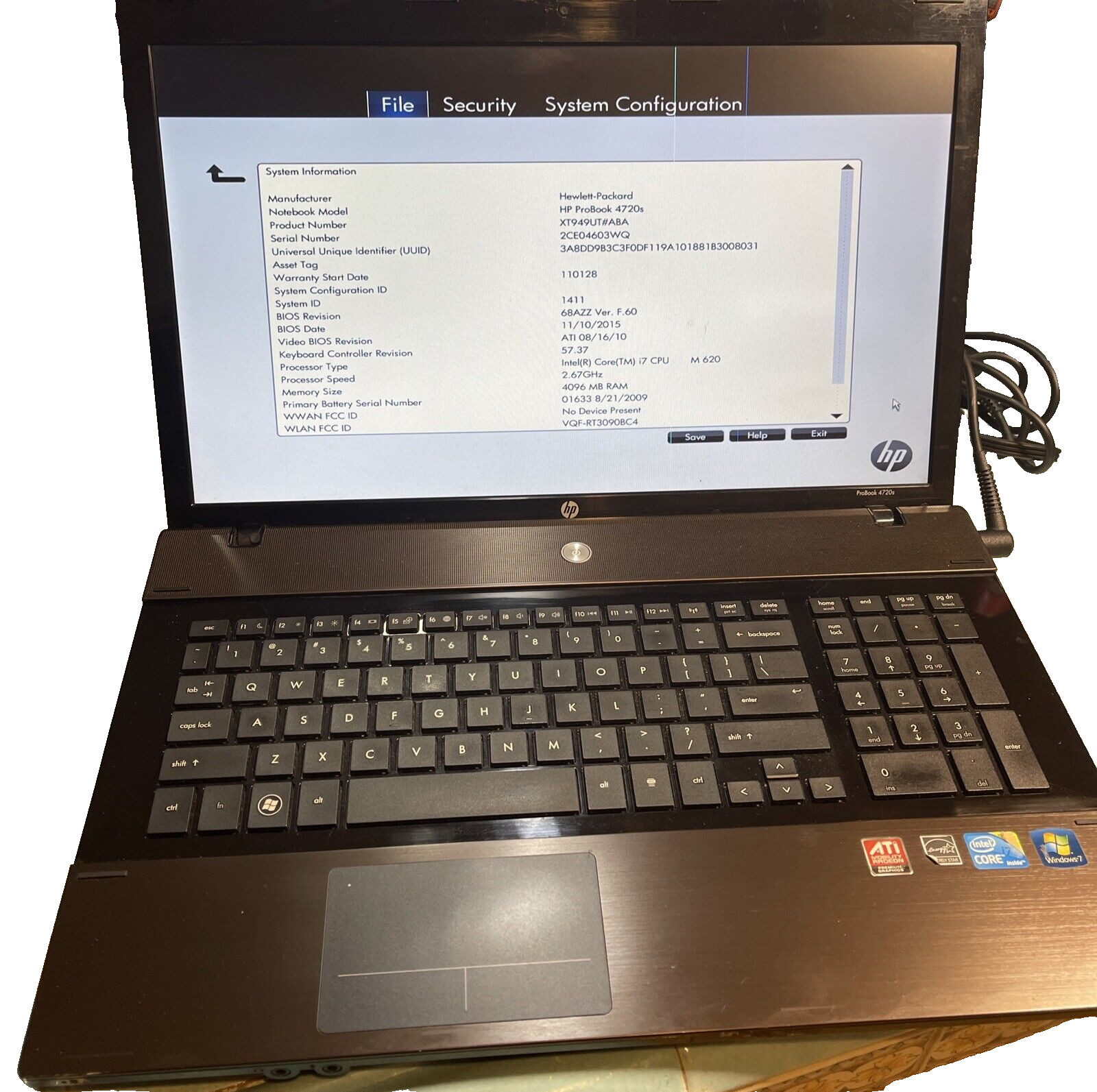 HP ProBook 4720s XT949UT IntelCore i7-620M 2.66GHz, 4GB DDR3 No HD SHIPS FREE