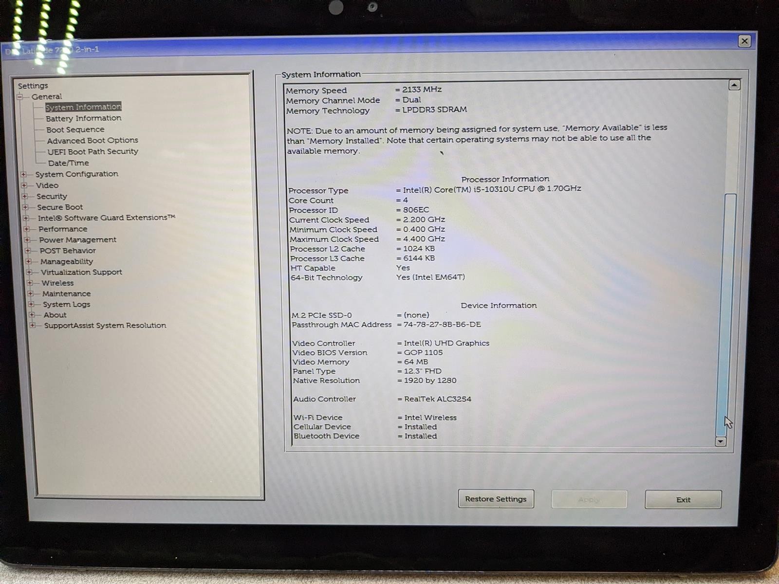 DELL LATITUDE 7210 2-IN-1 i5-10310U @ 1.70GHz, 8GB RAM, NO HDD/OS