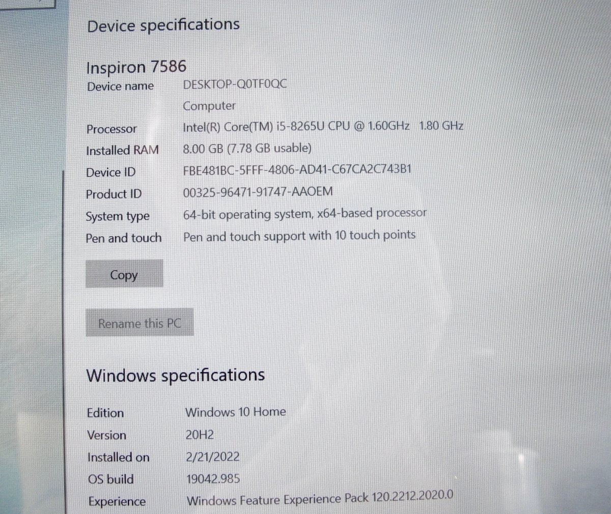 Dell Inspiron 7586 i5-8265U 1.60GHz 8GB 256 SSD Win 10 Computer + Tablet