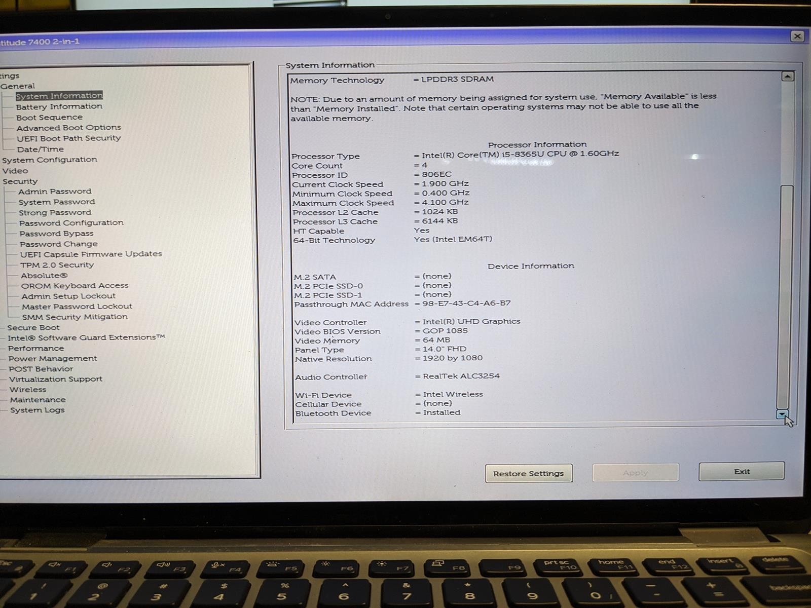 DELL LATITUDE 7400 2-IN-1 i5-8365U @ 1.60GHz, 16GB RAM, NO HDD/OS