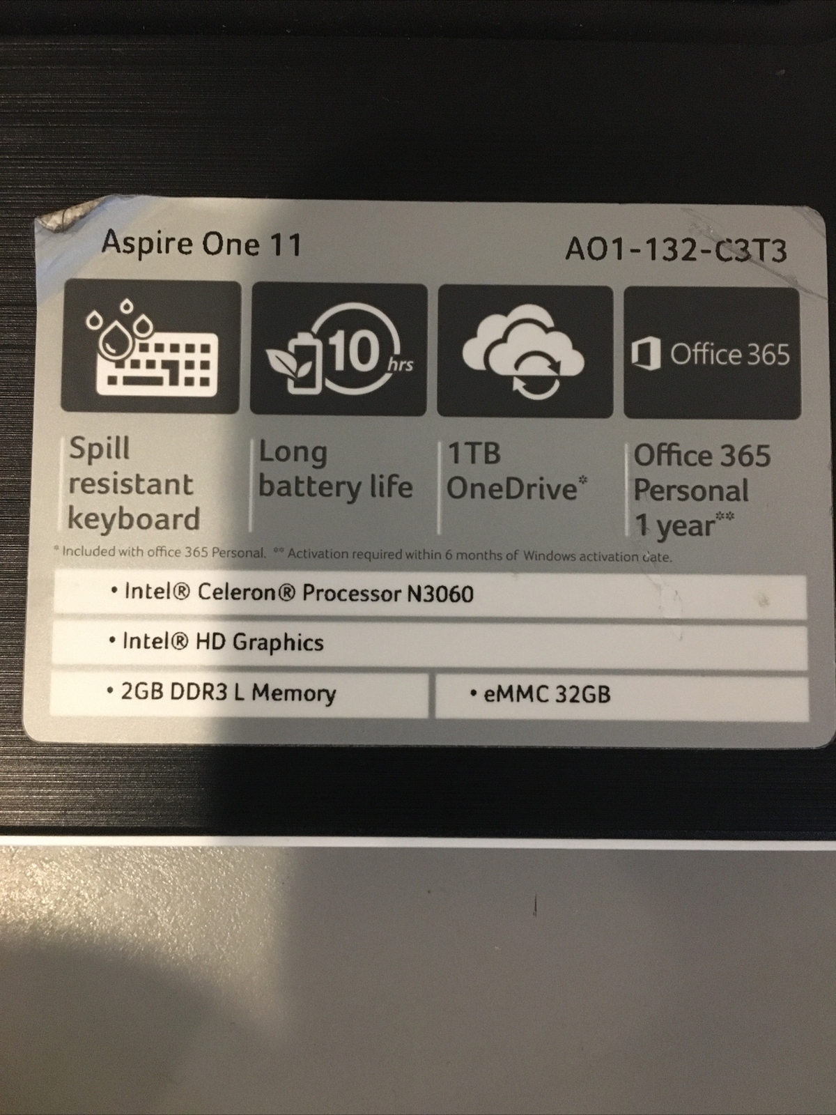 Acer Aspire One 11. A01-132-C3T3 N16Q9 FOR PARTS Or Repair. Cracked Screen￼