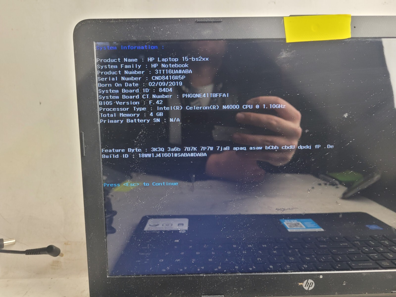 Hp Model 15-bs212wm w/Celeron N4000, 4GB RAM, 15.6″ Laptop for Parts #1926