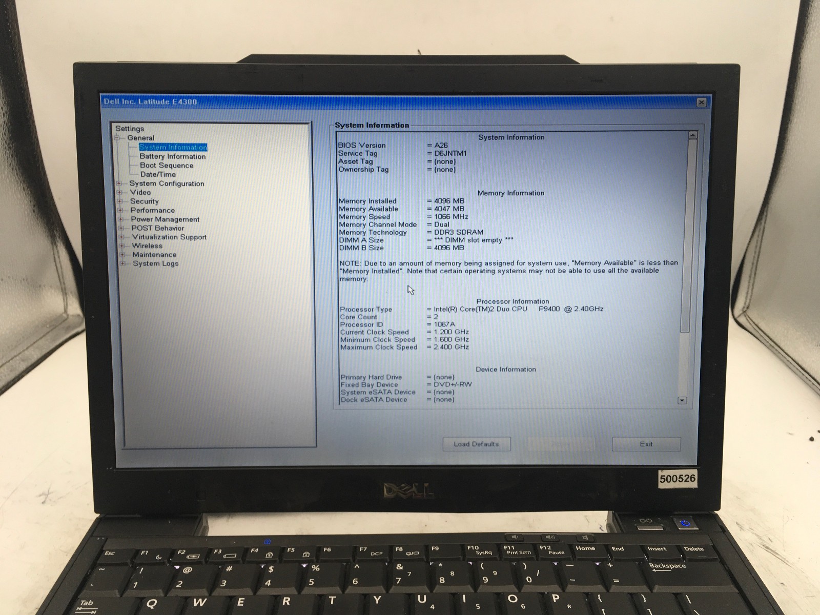 DELL LATITUDE E4300 – BOOTS TO BIOS – INTEL CORE 2 DUO – NO RAM – 14″ – READ-BB