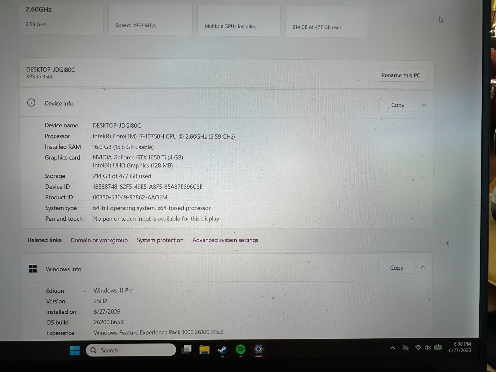 Dell XPS 15 9500 Intel Core i7-10750H NVIDIA GeForce 1650 Ti 15.6″ Laptop FHD