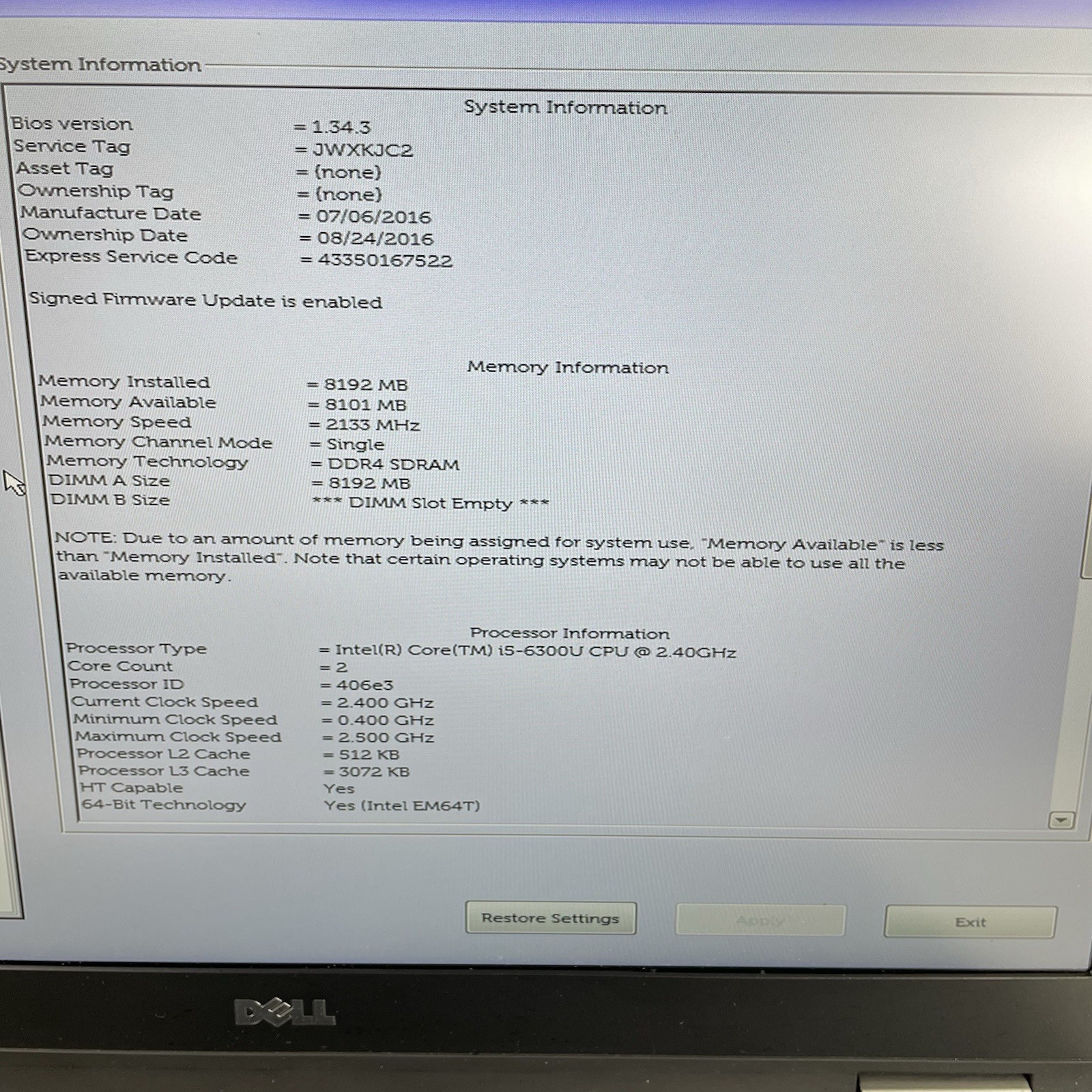 Dell Latitude E5570 15.6″ i5-6300U 2.40 GHz 8 GB RAM No SSD No OS No AC