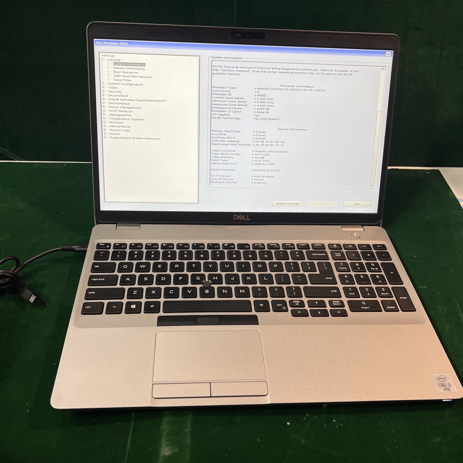 Dell PRECISION 3550 i5-10310U 8GB 1.70GHZ LAPTOP NO OS/AC/HDD BIOS