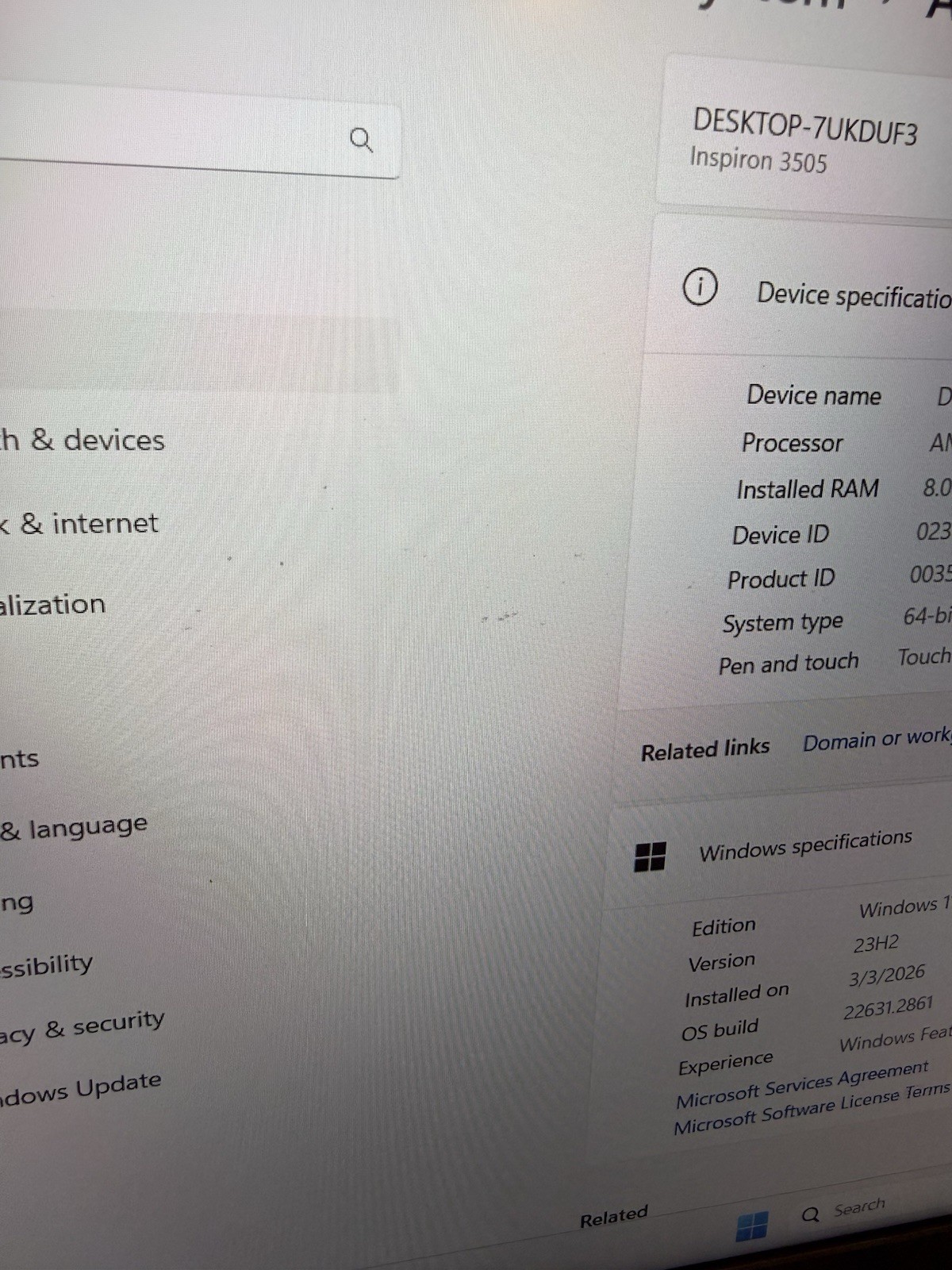DELL INSPIRON 3505 AMD RYZEN 5 3450U 240GB SSD 4GB RAM WINDOWS 11