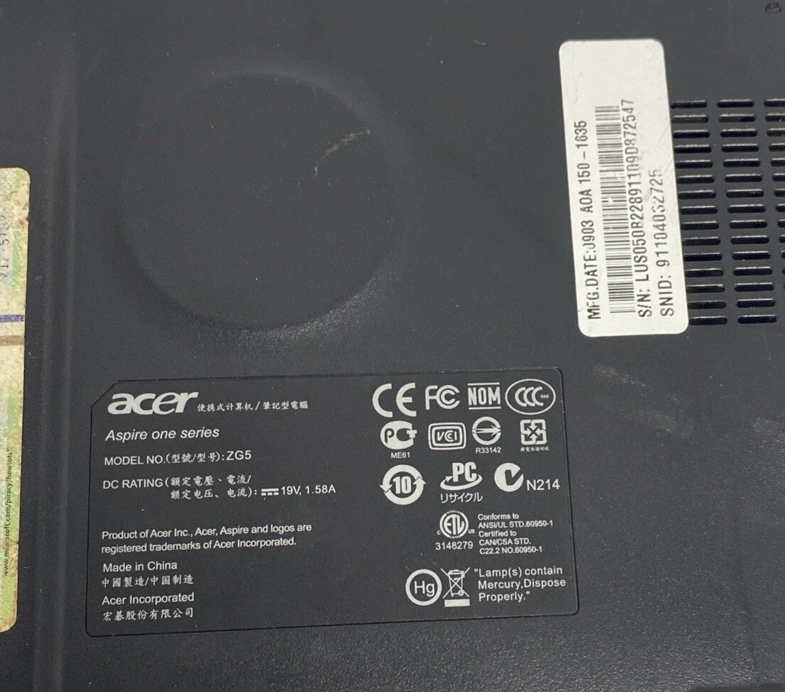 Acer Aspire One ZG5 For Parts Or Repair