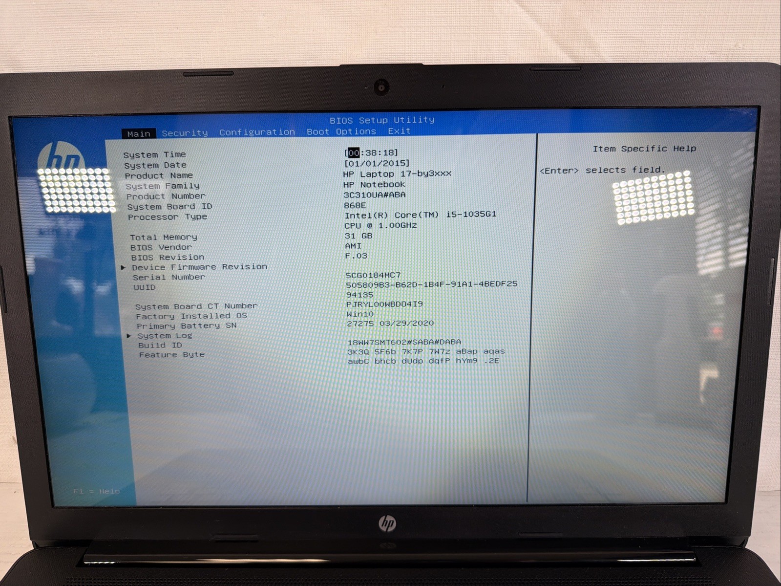 HP Laptop 17-by3613dx, Intel Core i5-1035G1 @ 1GHz, 31GB RAM NO SSD/OS -Good Bat