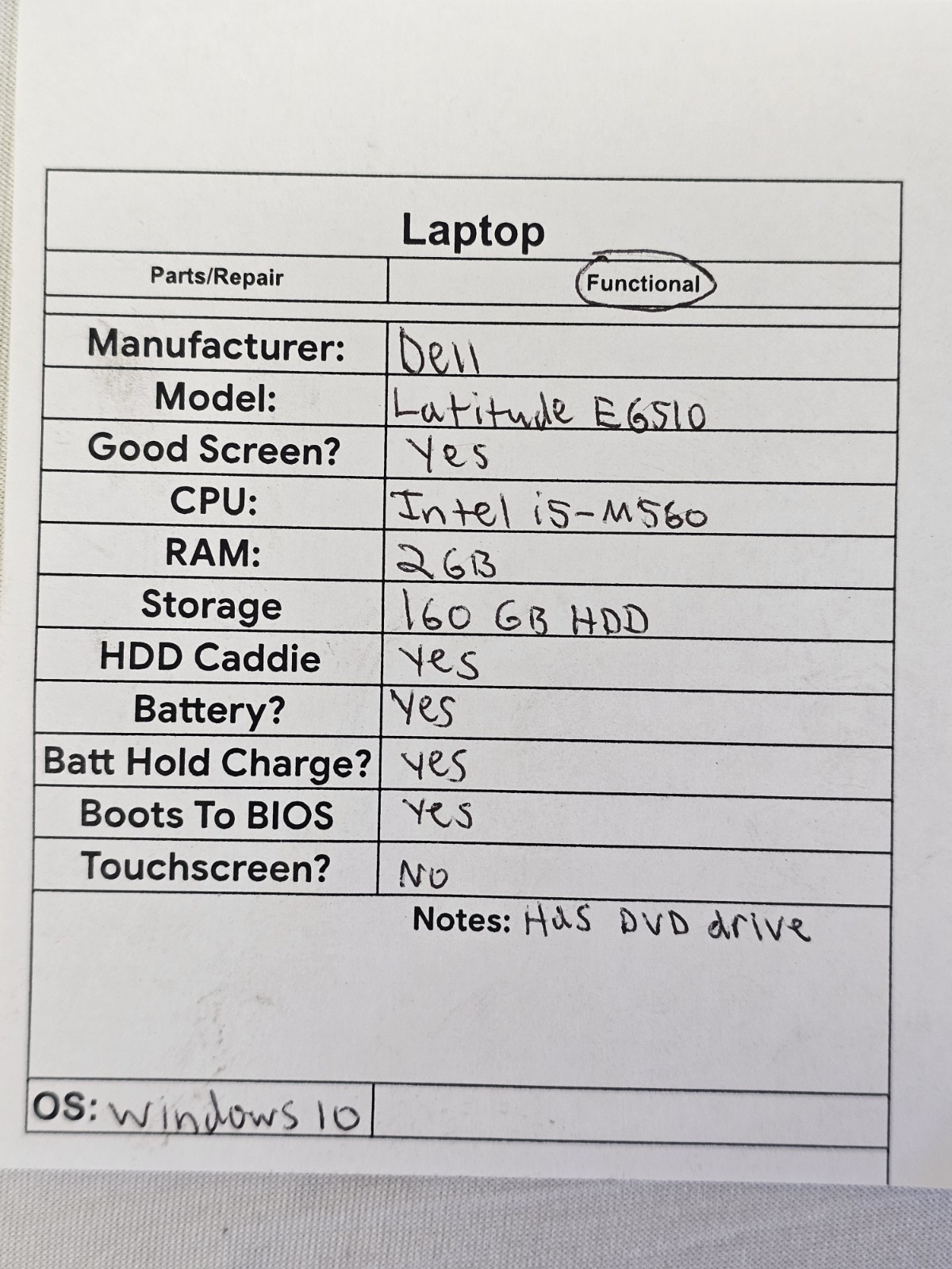 Dell Latitude E6510 Laptop – Intel i5-M560 – 2GB RAM – 160GB HDD – Windows 10