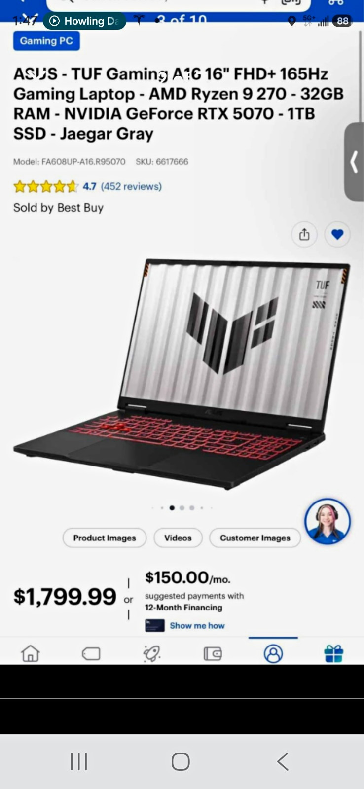 ASUS TUF Gaming A16 16in 165Hz Ryzen 9 270 32GB 1TB RTX 5070 Gray