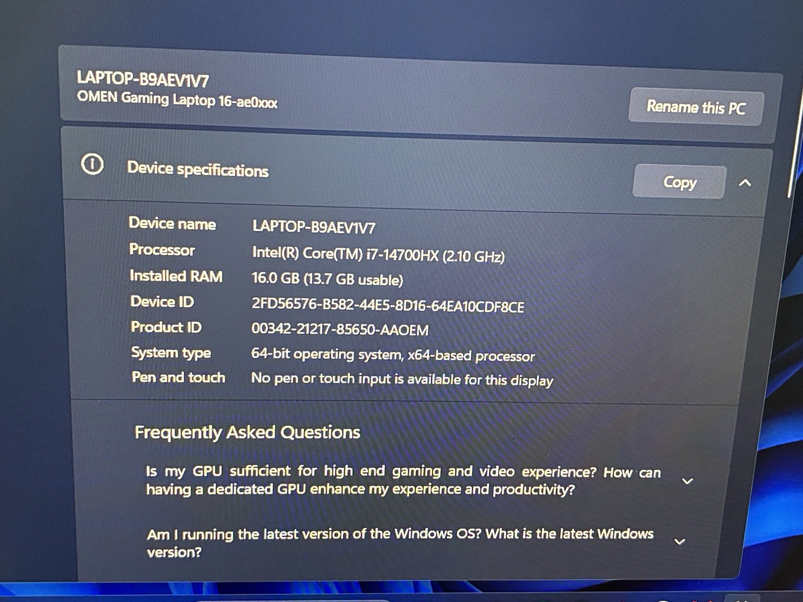 HP Gaming Laptop Omen 16 16.1” FHD 165Hz i7-14700HX 16GB RAM 512GB SSD RTX 4070