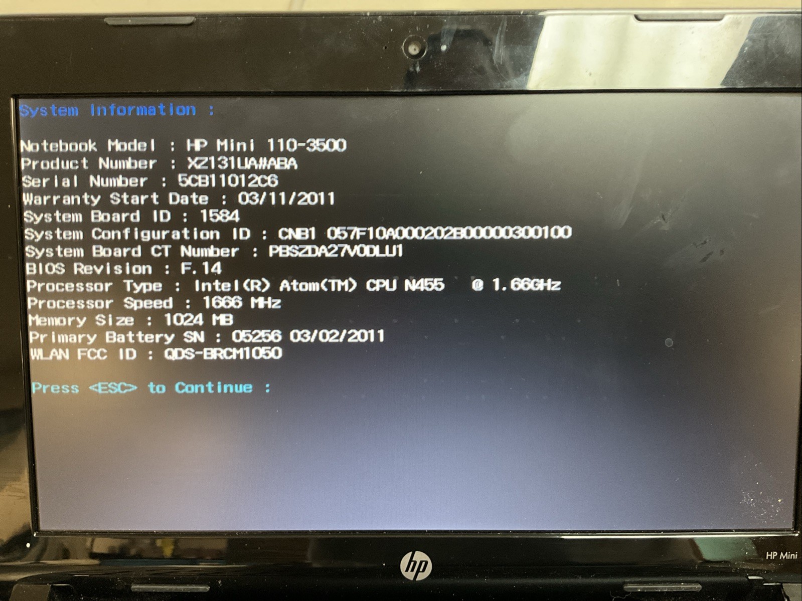 HP Mini 110-3500 Intel Atom N455 1.66GHz
