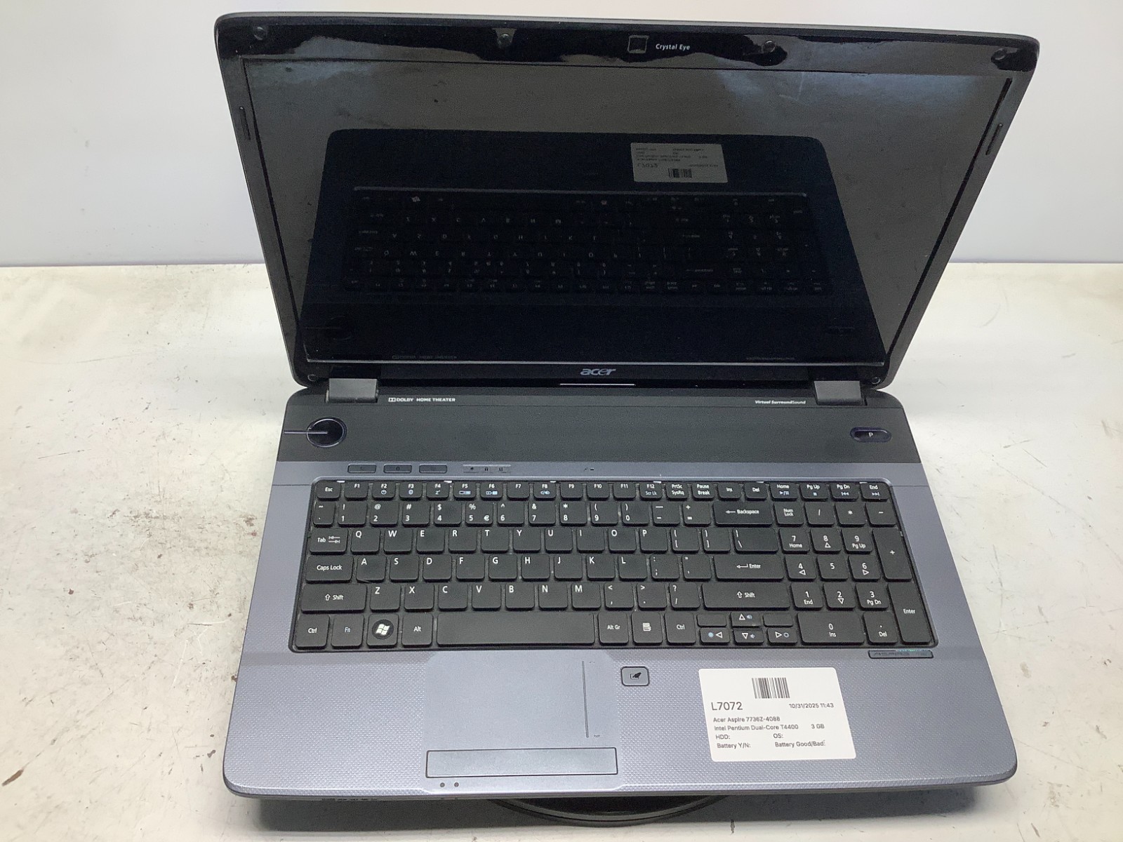 Acer Aspire 7736Z-4088 Intel Pentium Dual-Core T4400 2.2GHz 3 GB NO HDD