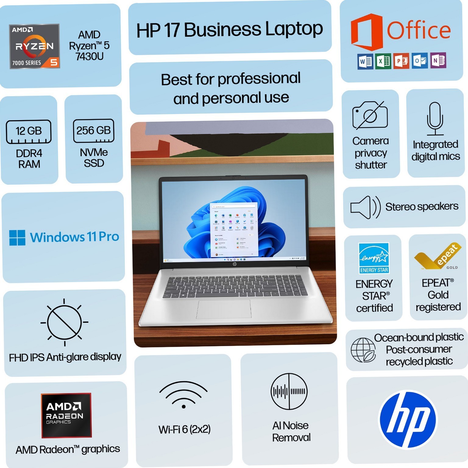 HP Pavilion 17 Laptop 17.3in FHD AMD Ryzen 5 7430U 12GB RAM 256GB SSD Win 11 Pro