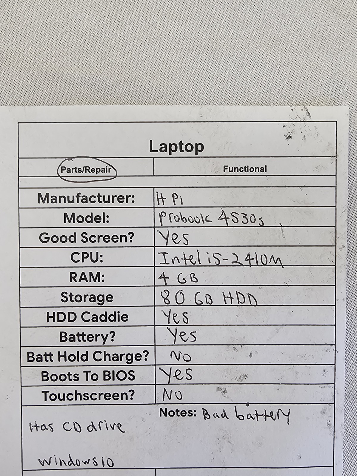 HP ProBook 4530s Laptop – i5-2410M – 4GB RAM – 80GB HDD – BAD BATTERY – Win 10